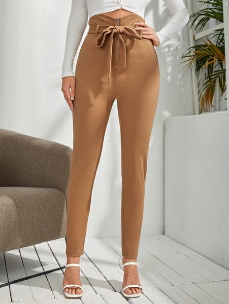 

notched waistband zip up self belted pants j7k1#, Black;white