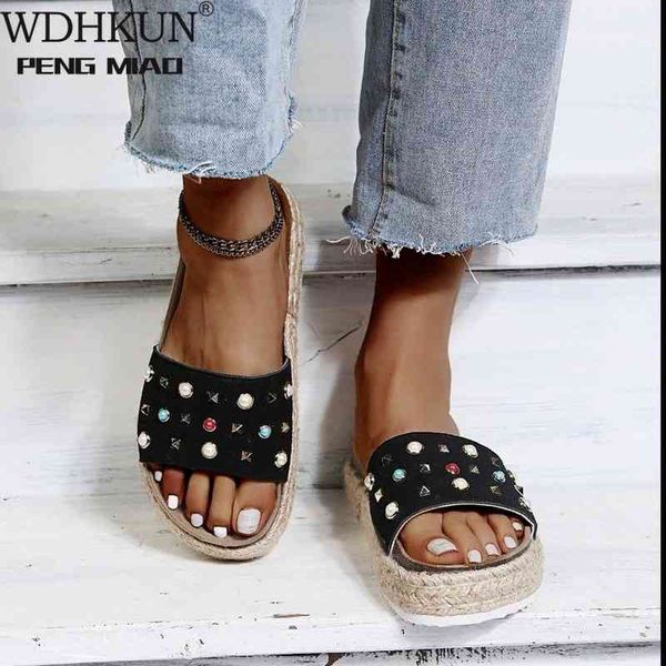 

slippers embellishment trendy thick-soled home women's shoes fashionable and versatile simple vamp rhinestones rivets 1pib, Black