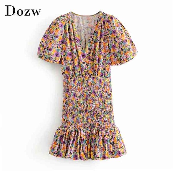 Floral Imprimir Chique Bodycon Mini Vestido Mulheres Puff de Manga Curta Vintage Ruffle Boho V Pescoço Parte Plissada ES 210515