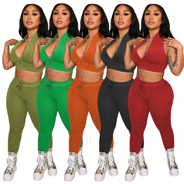 

wholesale summer outfits women two piece set solid tracksuits sleeveless crop sweatpants 2pcs matching set casual sportswear jogging suits 6, Gray