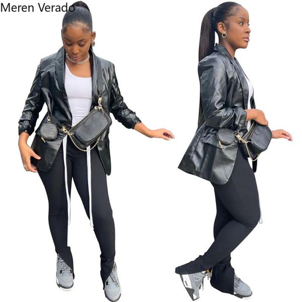 

women's trench coats meren verado winter clothes women casual black coat turn-down collar open stitch full sleeve pockets pu leather, Tan;black