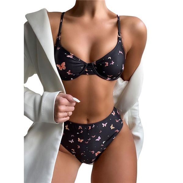 

women's swimwear women swimming suits padded butterfly print bikini bra + bottoms set swimsuits for summer 2022, White;black