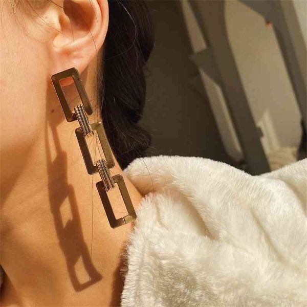 

geometric long u-shaped ring dangle earrings fashion square pendant ear stud ladies party jewelry gift, Silver