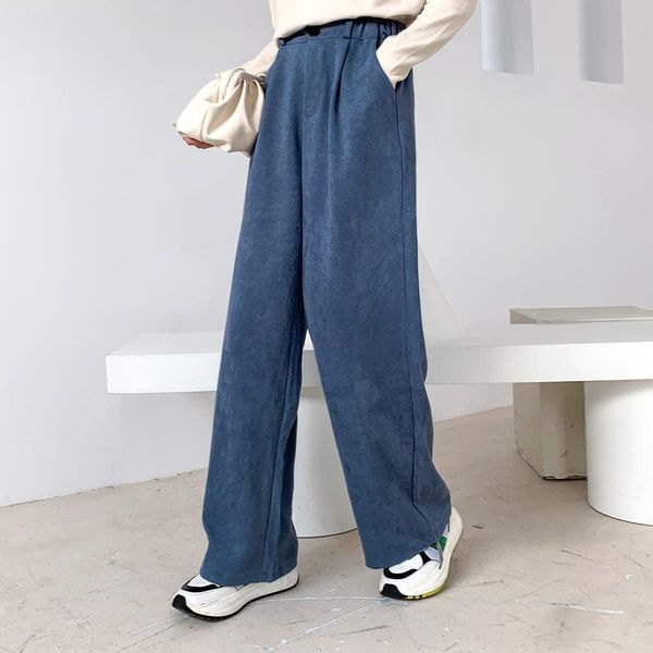 

polyester spring pure color womens pants stretch waist wide leg straight fashion female trousers, Black;white