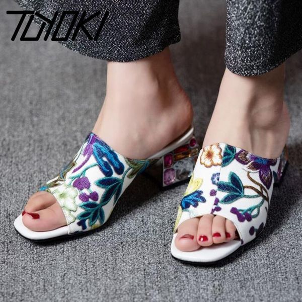 

tuyoki summer women sandals designer crystals square heels slippers fashion peep toe shoes genuine leather size 33-43, Black