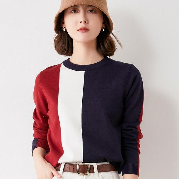 

women's sweaters lafarvie autumn winter knitted patchwork o-neck sweater women female pullover long sleeve casual loose fashion warm c, White;black