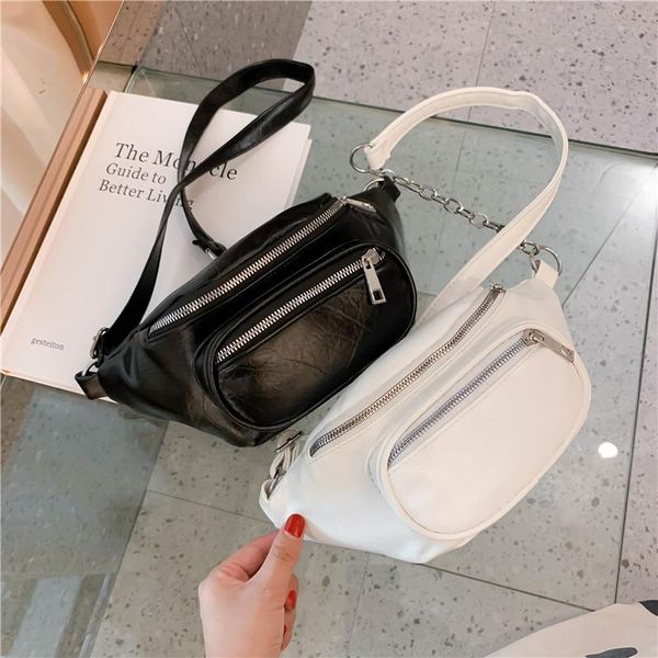 

women waist bag fashion leather belt chest chain fanny packs for black solid double zipper banana bumbag phone pouch bags