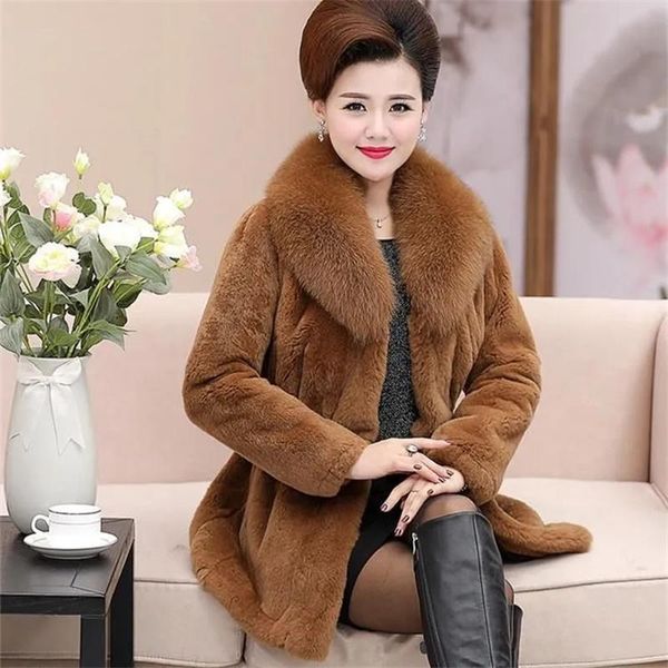 

women's fur & faux 2021 middle-aged elderly coat winter women mid-length mother's imitation mink collar plus size thick jacket a67, Black