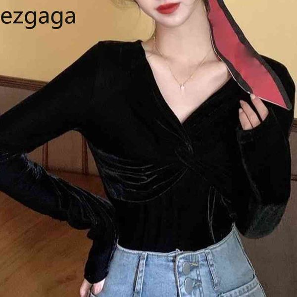 Ezgaga vintage mulheres blusa veludo coreano v-pescoço longo manga fina sexy senhoras tops moda chique primavera elegante camisas casuais 210430