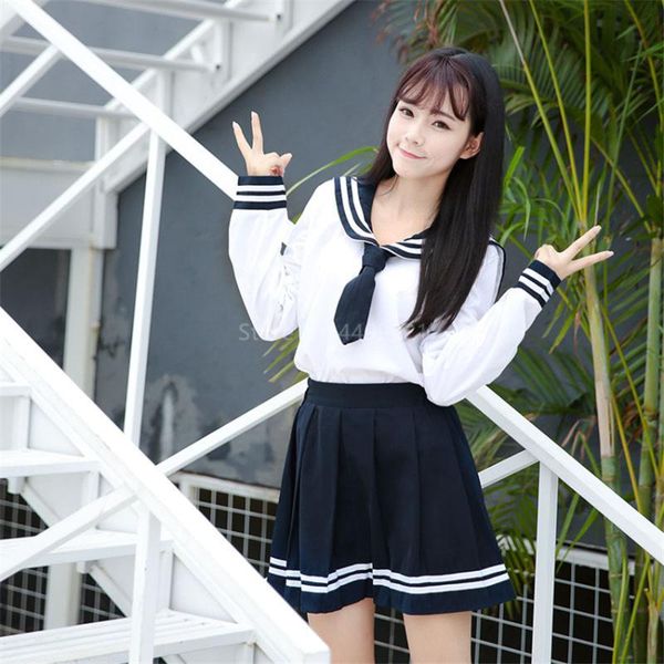 

clothing sets japanese school uniform kawaii girls jk suit woman 2pc high student sailor navy set cosplay costumes anime pleated skirts, White