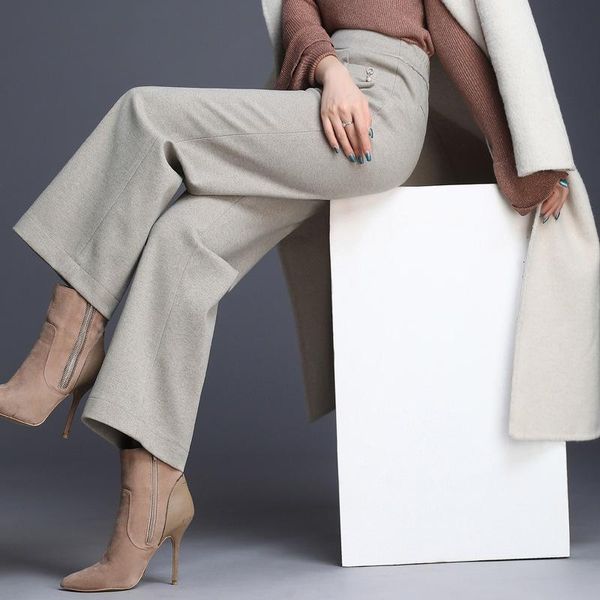 

women's pants & capris high waist wool wide leg women 2021 winter warm woolen elegant office ladies work wear straight trousers female, Black;white