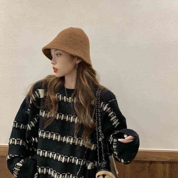 

winter korean style chic hipster stripe loose fit round neck long-sleeve knitwear sweater, White;black