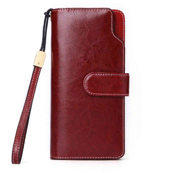 

2021 genuine leather women's wallet long korean oil wax cow multi card money, Red;black