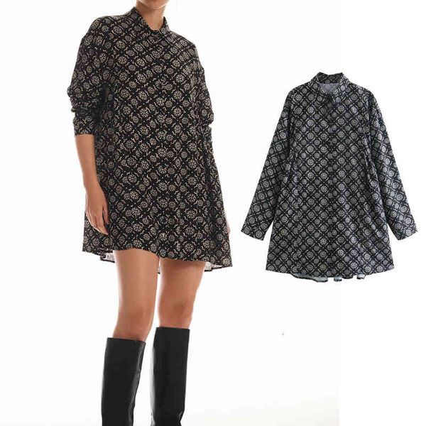 

casual dresses fashion shirt style print long sleeve turn-down collar ladies pleated slim vestidos spring mini xlyn, Black;gray