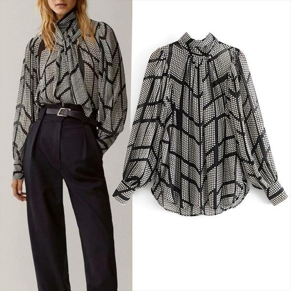 

za fashion clothes women shirts high neck bow tie long sleeve office ladies chiffon blouse casual tunic, White