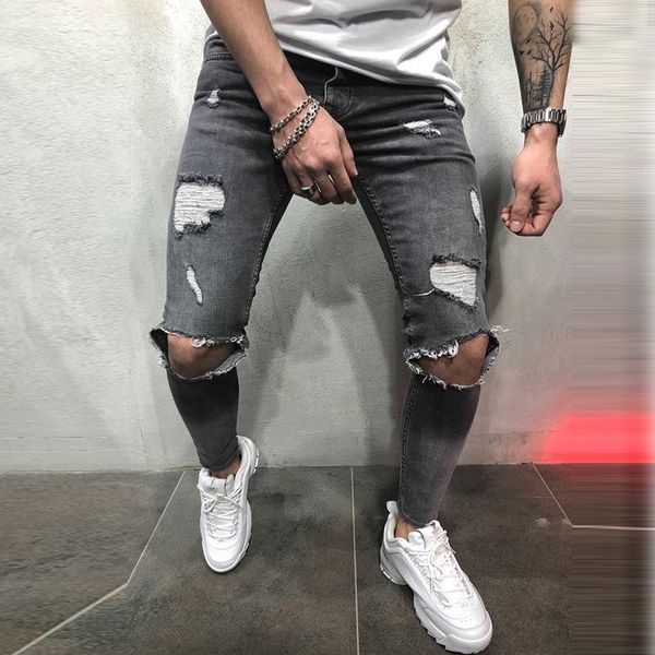 

men's jeans hole plus size zipper vintage skinny stretch casual denim pants male hip hop trousers pencil men, Blue