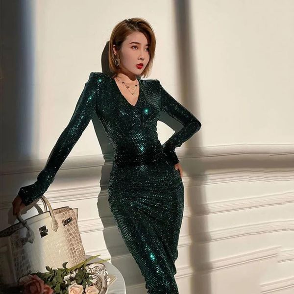 

casual dresses autumn winter bright silk knit women's dress sequin v-neck long-sleeve slit female elegant evening party, Black;gray