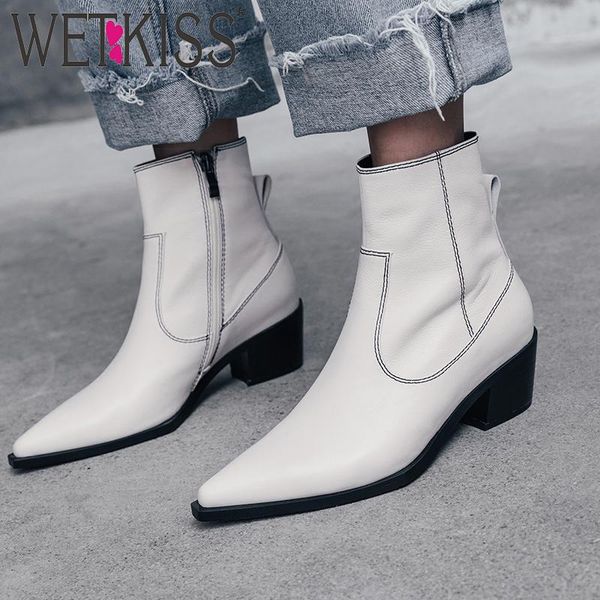 

boots wetkiss cow leather western women cowboy ankle pointed toe shoes female cuban heels high ladies winter, Black