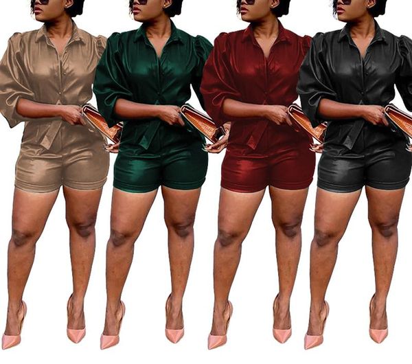 

women's tracksuits women 2pcs set pu suits faux leather long sleeve and shorts, Gray