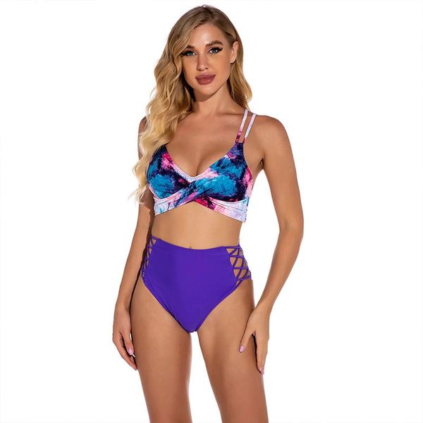 Frauen Badebekleidung Sommer sexy Print Violet 2021 Kreuznetzschnur Halfer zwei Stück Badeanzug Frauen High Taille Bikini