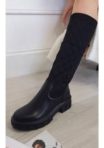 

boots 2021 autumn/winter high women's diamond leather european and american flat round toe suede rider, Black