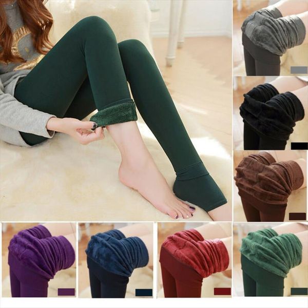 

winter fleece pants high waist women leggings inside thicken fur warm female velvet, Black
