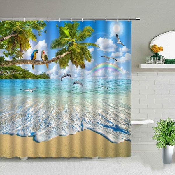 

shower curtains ocean animal beach rainbow parrot dolphin sea view curtain waterproof fabric bathroom