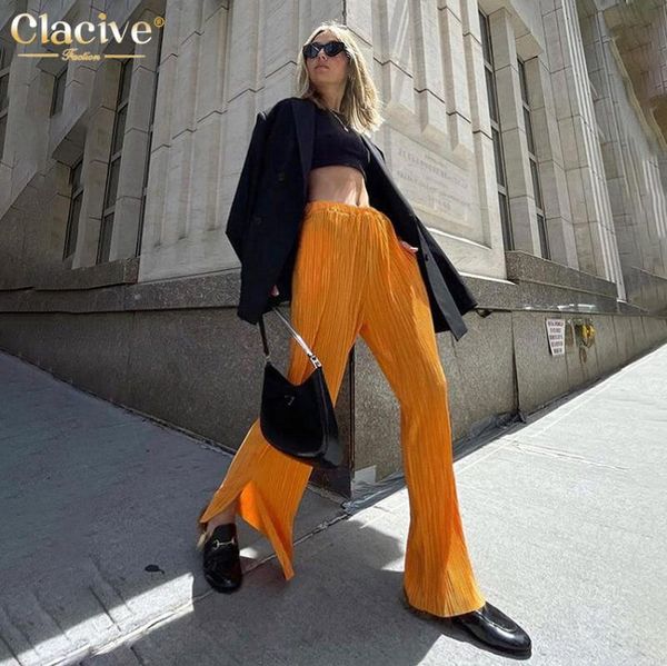 

women's pants & capris clacive autumn vintage yellow high wasit slit women pencil casual slim elastic waist pleated office woman trouse, Black;white