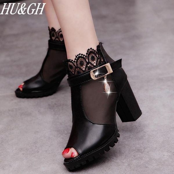 

spring & summer women's lace gauze fish mouth sandals thick heels breathable shoes female non-slip high-heeled, Black