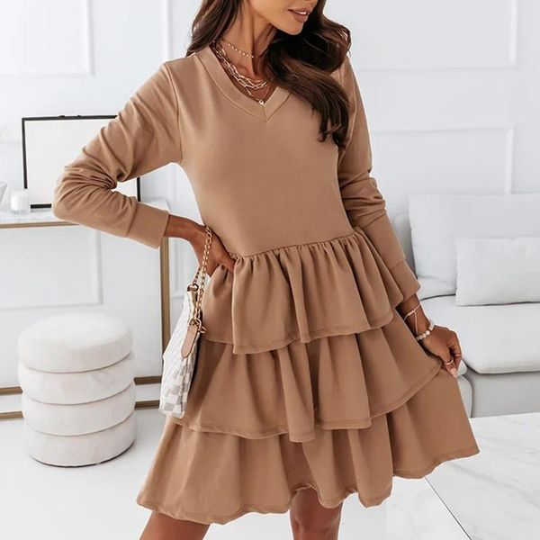 

casual dresses 2021 autumn fashion v neck long sleeve slim dress elegant solid irregular ruffle ladies summer vestidos, Black;gray