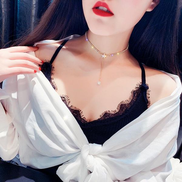 

pendant necklaces drejew silver gold shiny star long exquisite pearl rhinestone chain sets for women statement jewelry