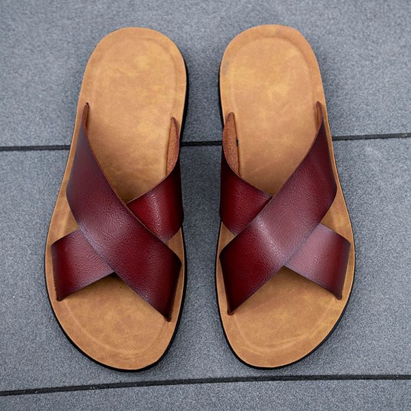 

official website 70% off outlet men leather classic roman open-toed slipper outdoor beach rubber summer shoes flip flop water sandals sale, Black