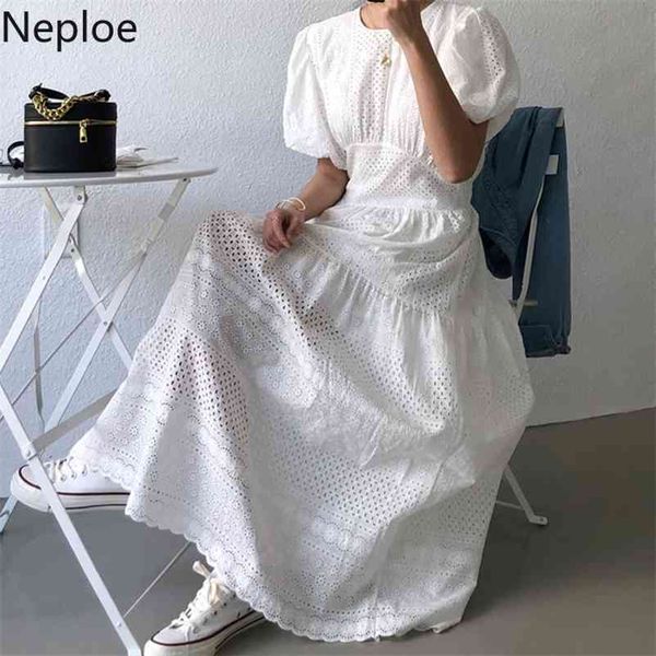 

lace hollow out dress women korean chic o neck puff sleeve ladies vestidos summer elegant slim waist female dresses 210422, Black;gray