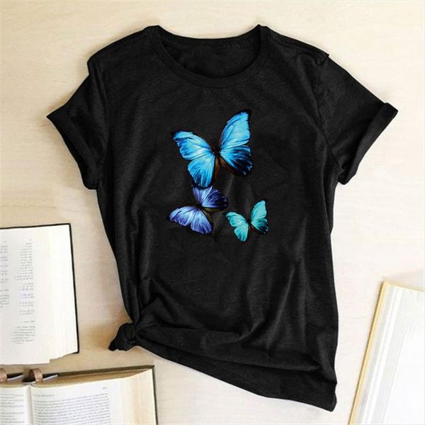 

blue monarch butterfly printed cotton womens t shirt harajuku loose tee casual streetwear o neck clothes, White