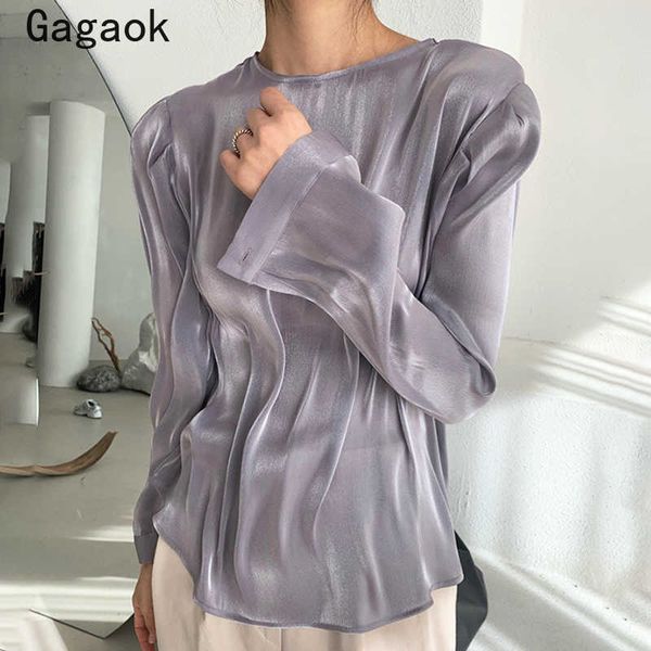 

women blouses spring autumn solid o-neck full thin fashion shirts slim korean chic wild simple casual blouse 210531, White