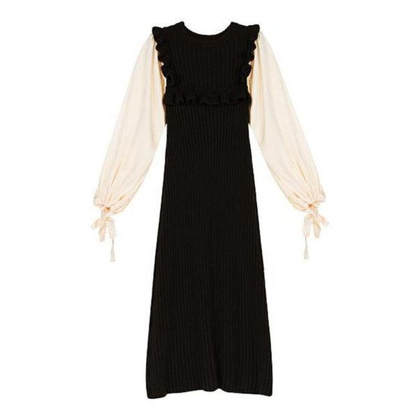 

women dress black womens dresses gray o neck lantern sleeve long knitted patchwork knee length autumn winter satin d2177, Black;gray