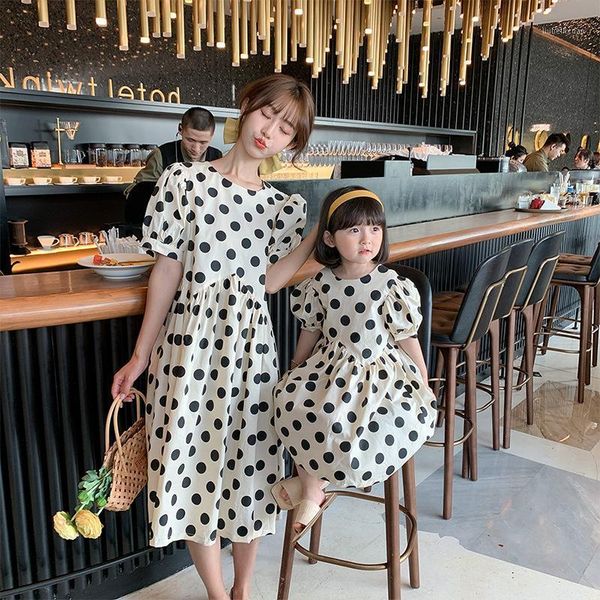 

family matching outfits mom and daughter fashion dot short sleeve casual dresses korean style summer high waist dress1, Blue