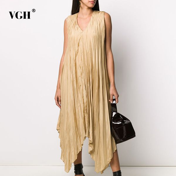 

casual champagne pleated dress for women v neck sleeveless loose irregular hem maxi dresses female summer fashion style 210507, Black;gray
