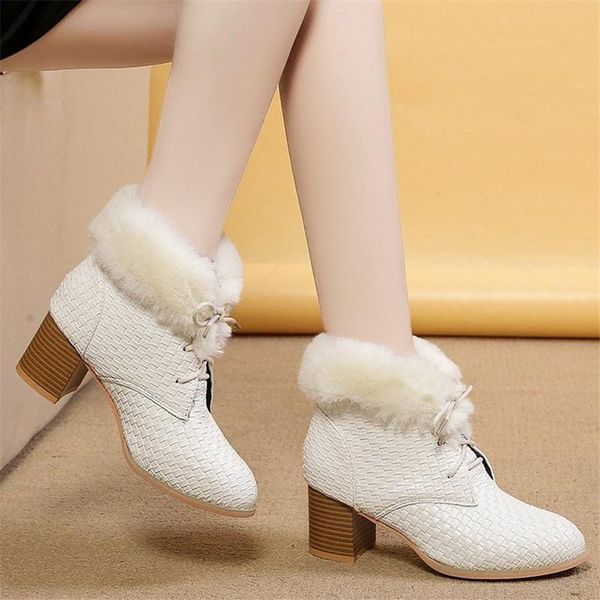 

boots 2021 women 6cm high heel ankle fashion thick plush keep warm snow winter hairy white platform pumps botas mujer, Black