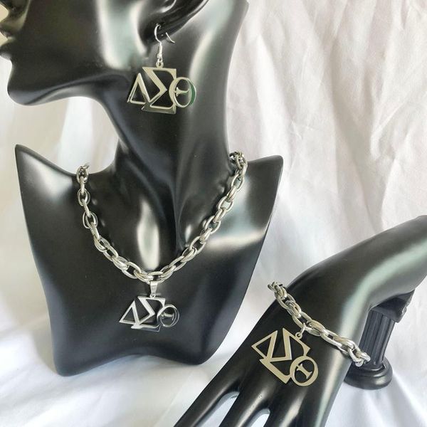 

earrings & necklace hand made greek sorority dst logo fashion classic stainless steel & temperament set, Silver