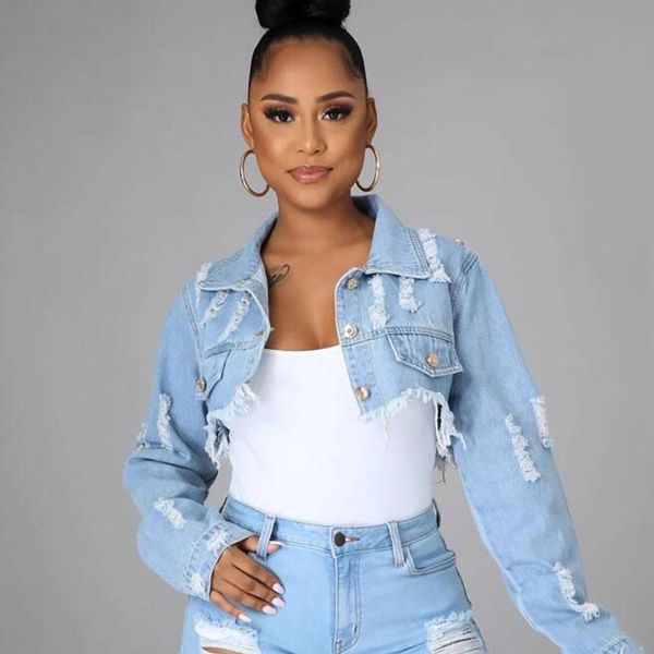 

women's jackets summer fashion short denim jacket with chain women hole ripped jean high waist street style, Black;brown