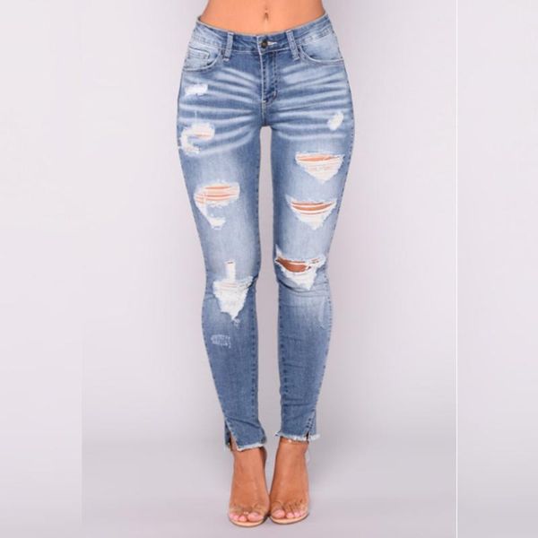 

women's jeans size 3xl fashion woman's female straight hole skinny ripped denim pencil pants leggings trousers clothing clothes, Blue