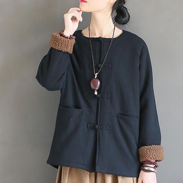 

women's trench coats women johnature vintage fleece parkas button thick warm pockets coat 2021 winter long sleeve o-neck loose, Tan;black