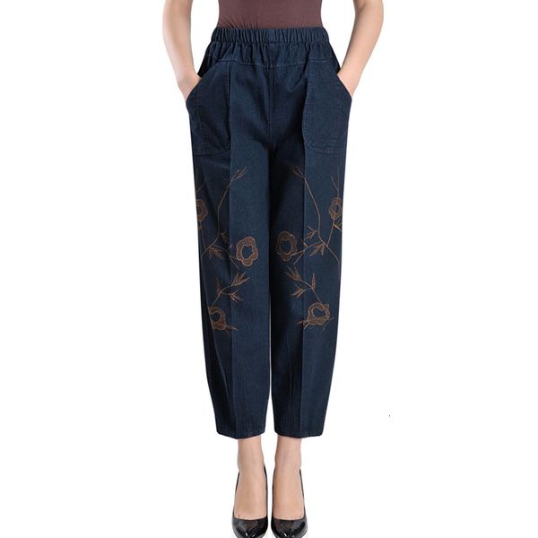 

jeans harem denim brem pants casual lady embroidered high waist elastic breech breeches mujer plus size, Blue