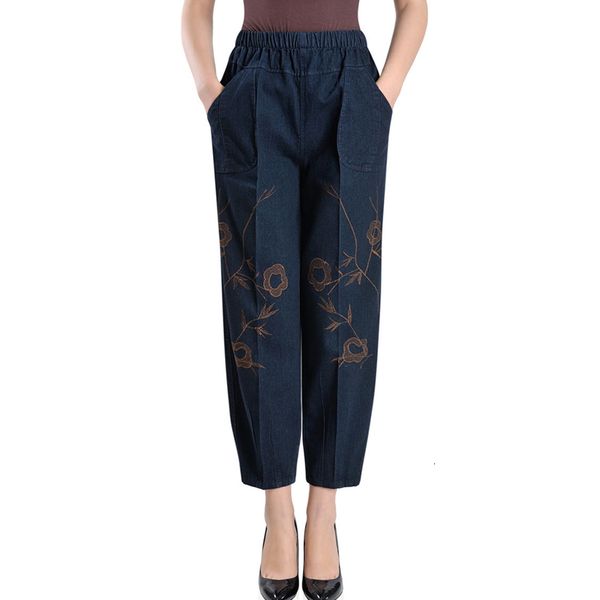 

jeans harem denim brem pants casual lady embroidered high waist elastic breech breeches mujer plus size, Blue