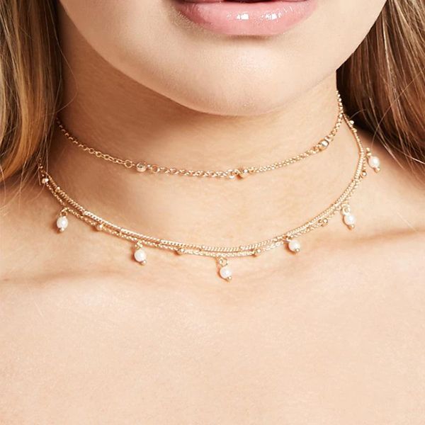 

imitation pearls tassel chocker rhinestone chokers necklaces for women 2021 fashion jewellery gold silver color ladies, Golden;silver