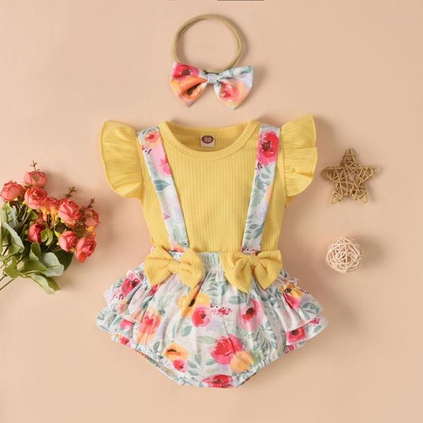 

clothing sets baby girl summer clothes sleeve jumpsuit + floral suspender shorts headwear casual romper outfits ropa, White