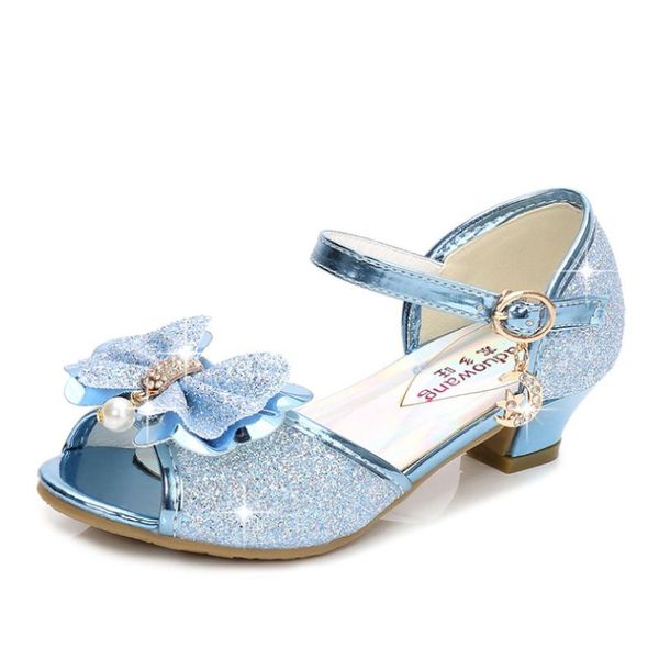 

colors children princess sandals kids girls wedding shoes high heels dress bowtie gold pink blue silver for, Black;red