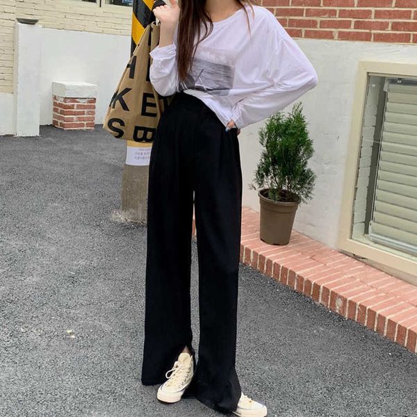 

spring skinny long split suit pants bottoms women elegant black trousers high waist office lady pentalon femme flare loose 210527, Black;white