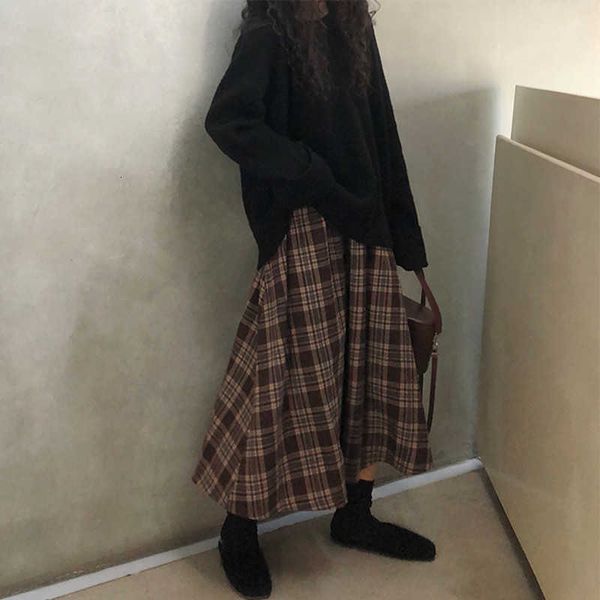 

skirts vintage england style long plaid skirt women autumn winter elegant a-line wide-swing high waisted falda midi u71a, Black